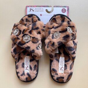 New Jessica Simpson Slippers Small 6 7 Fuzzy Leopard Rhinestone NWT